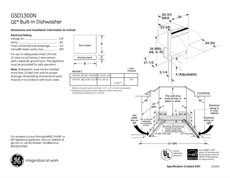 Page 1 of the manual Technical Sheet GE GSD1300NBB
