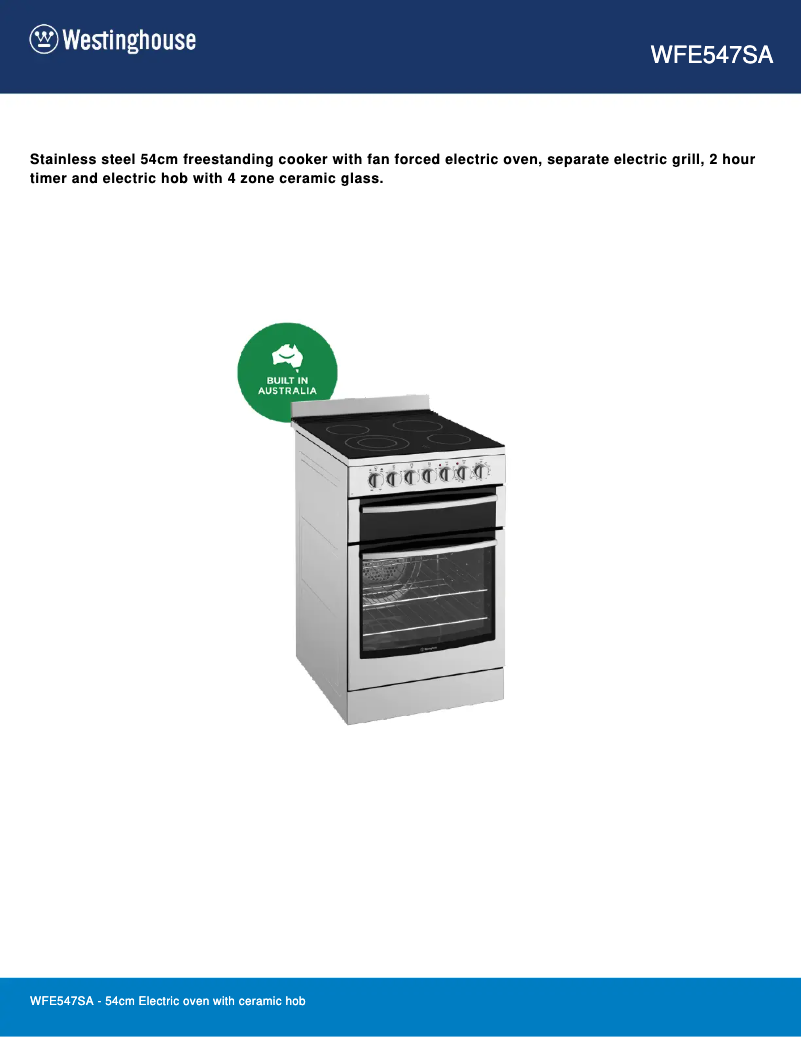 Page 1 de la notice Fiche technique Westinghouse WFE547SA