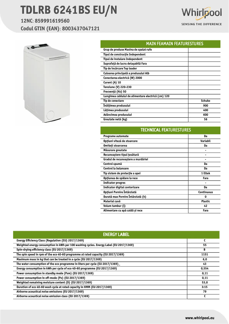 Page 1 de la notice Fiche technique Whirlpool TDLRB 6241BS EU/N