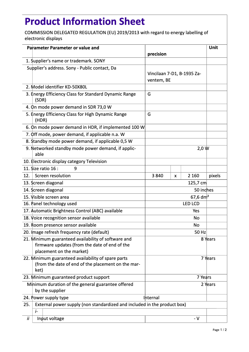 Page n°1 - Fiche technique Sony KD-50X80L