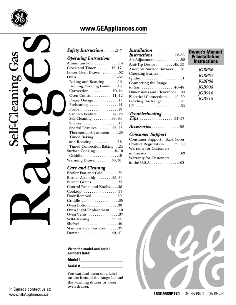Page 1 of the manual Instruction Manual GE JGB908SELSS