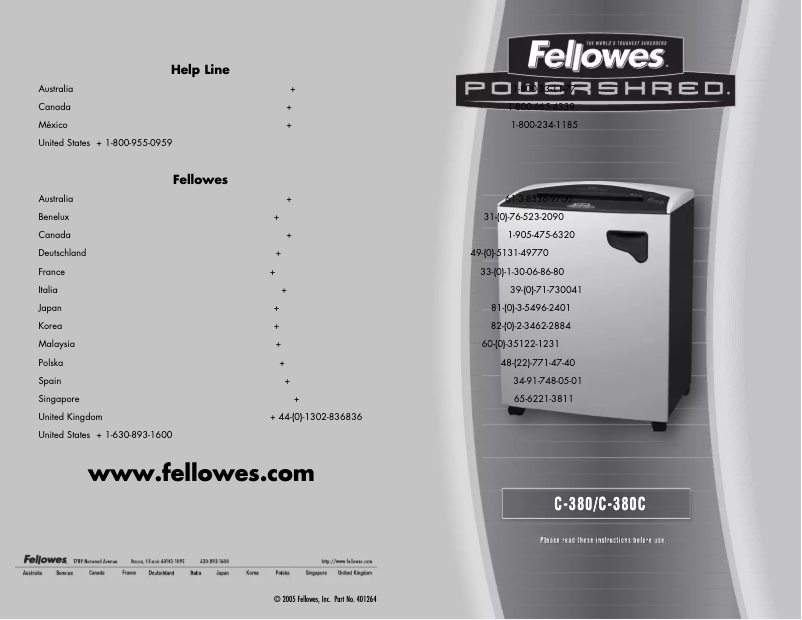 Page n°1 - Manuel utilisateur Fellowes Powershred C-380C