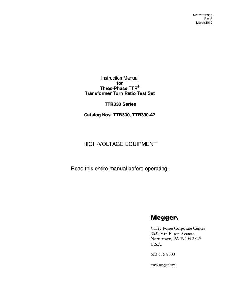 Page 1 de la notice Manuel utilisateur Megger TTR330A