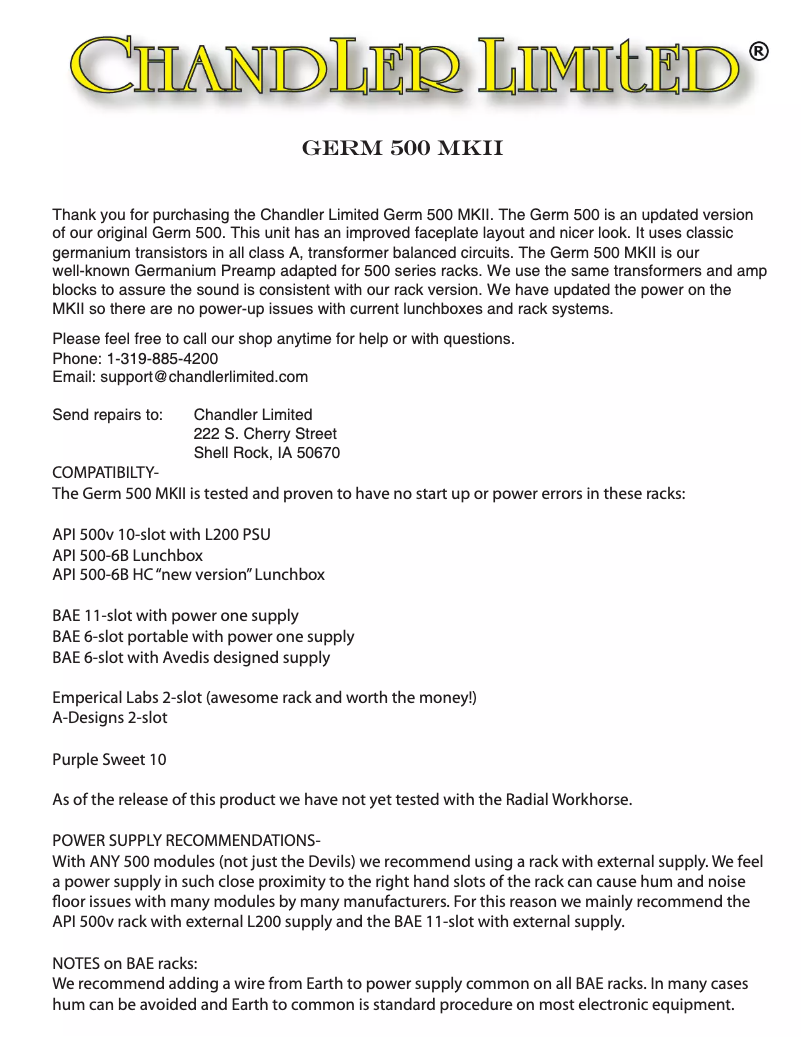 Page n°1 - Manuel utilisateur Chandler Germ 500 MKII