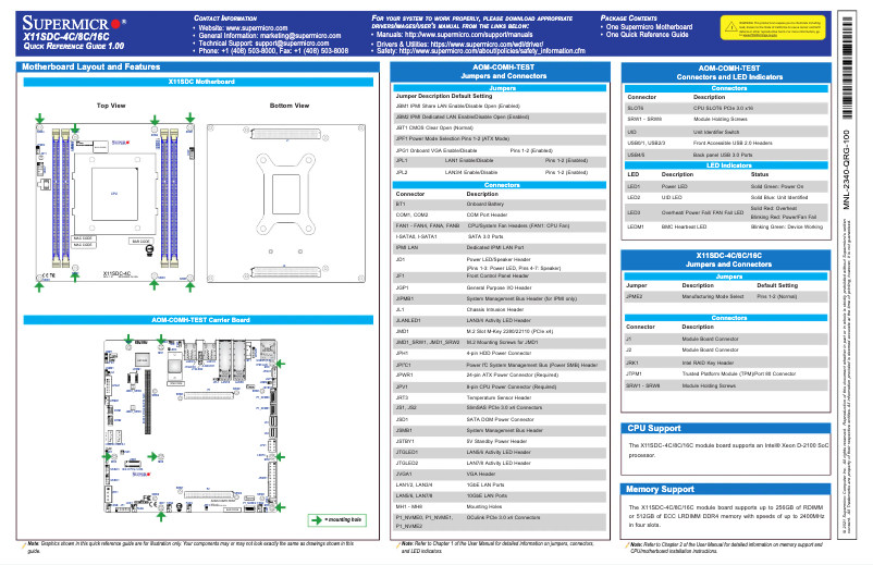 Page 1 de la notice Guide de démarrage rapide Supermicro X11SDC-16C