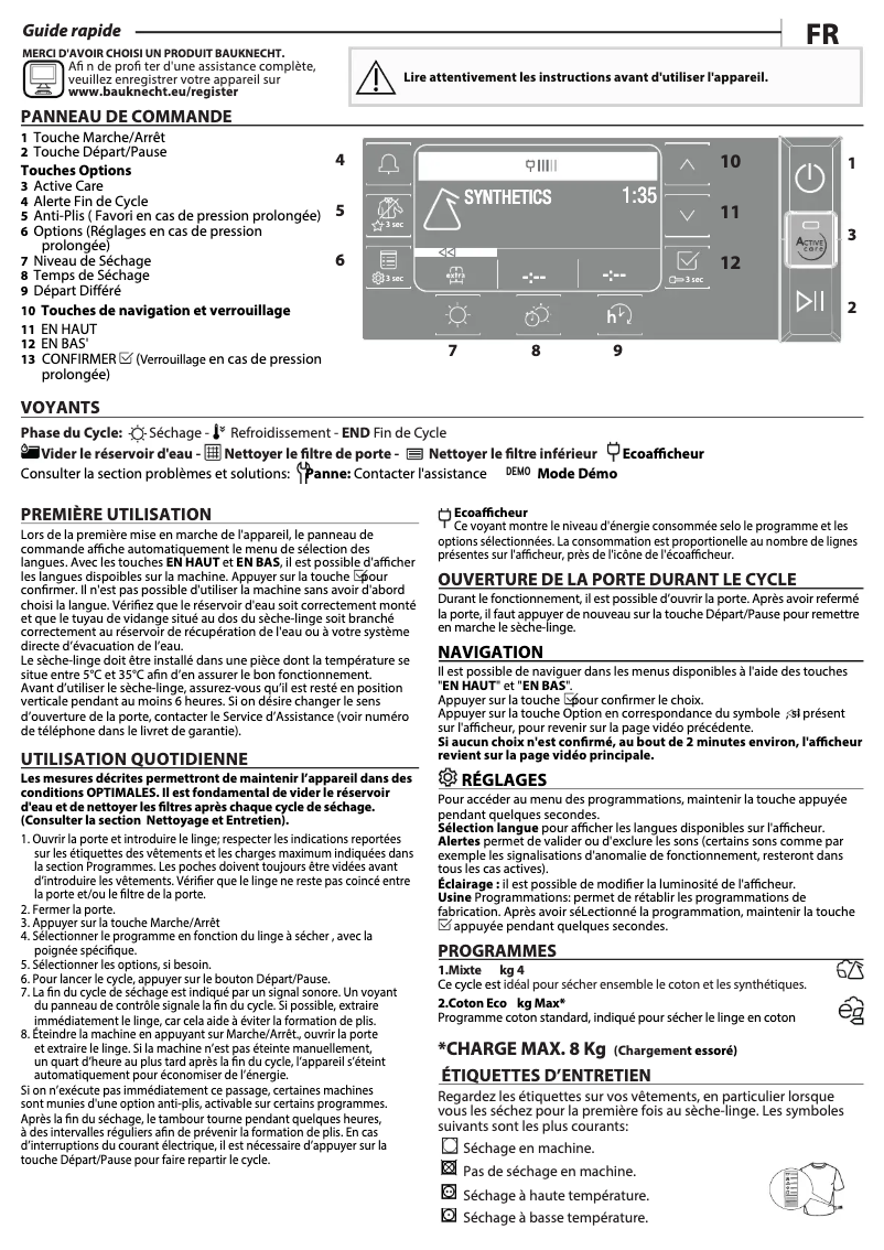 Page 1 de la notice Manuel utilisateur Bauknecht T Sense D 8X2SK EU