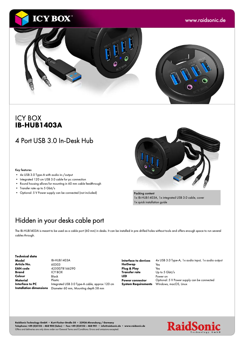 Page 1 de la notice Fiche technique Icy Box IB-HUB1403A