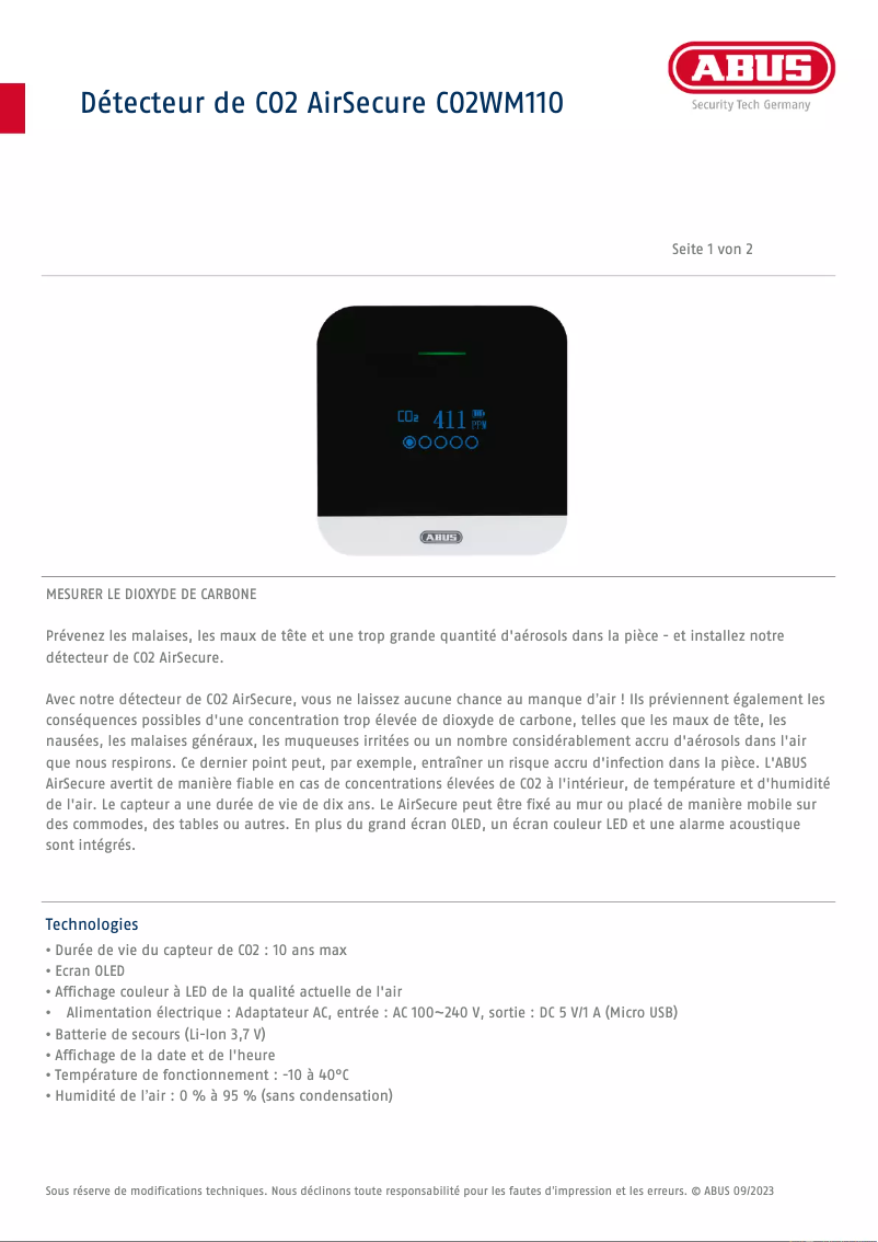 Page 1 de la notice Fiche technique Abus AirSecure CO2WM110