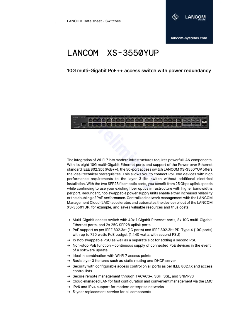 Page 1 de la notice Fiche technique Lancom XS-3550YUP