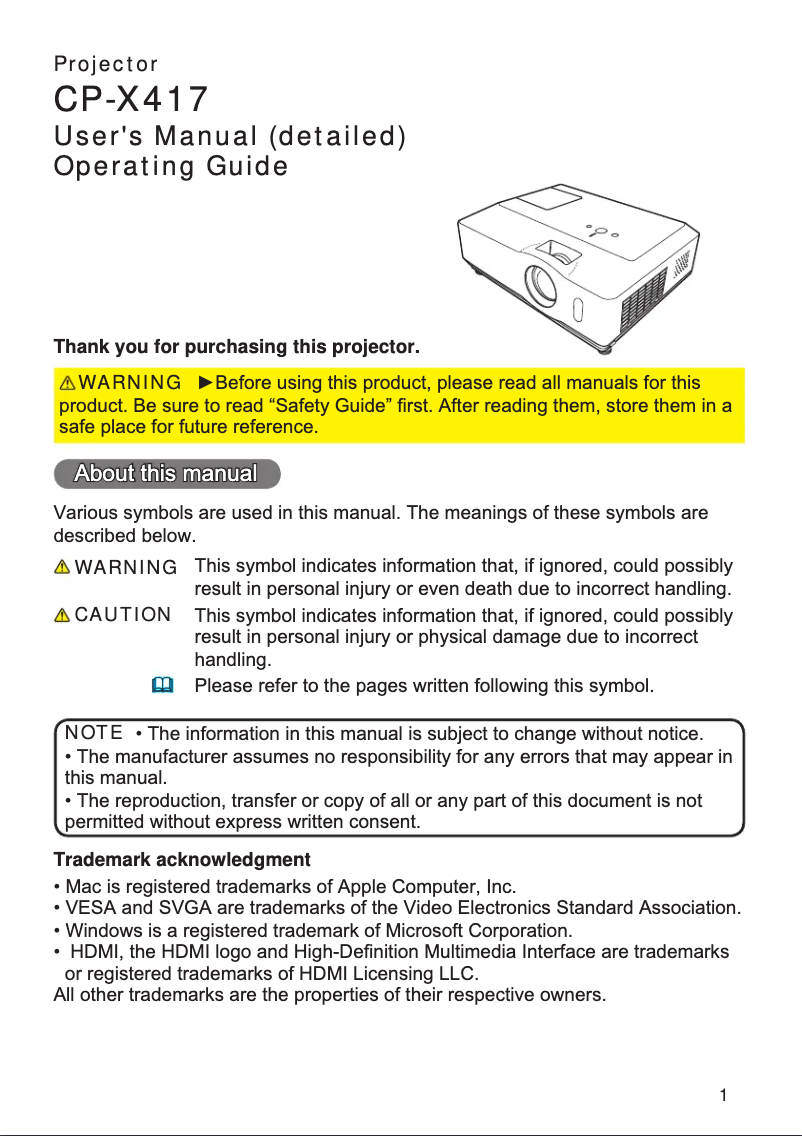 Image de la première page du manuel de l'appareil CP-X417