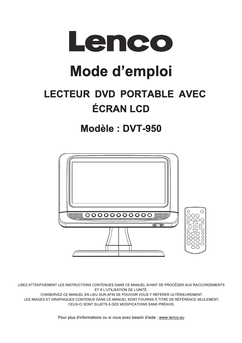 Page 1 de la notice Manuel utilisateur Lenco DVT-950
