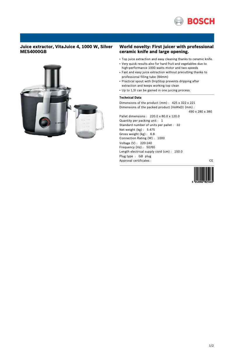 Page n°1 - Fiche technique Bosch MES4000GB