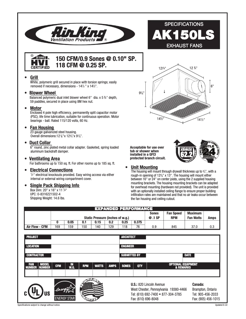 Page 1 de la notice Fiche technique Air King AK150LS