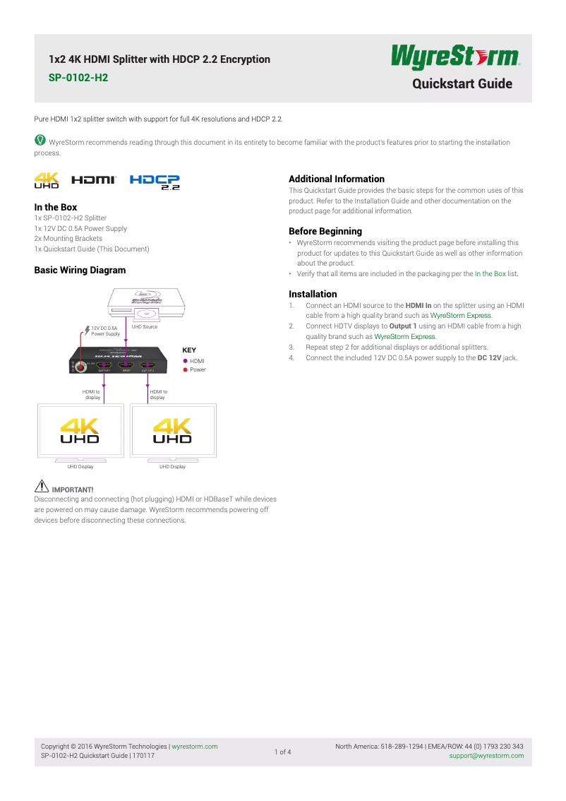 Page 1 de la notice Manuel utilisateur WyreStorm SP-0102-H2
