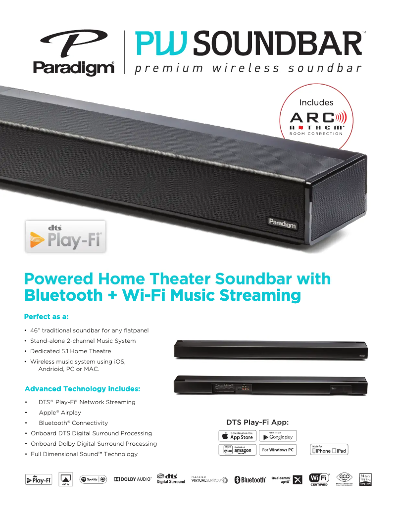 Page 1 de la notice Fiche technique Paradigm PW Soundbar