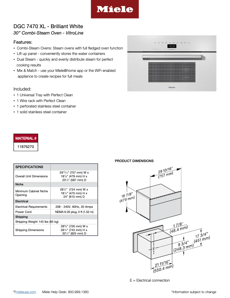 Page 1 de la notice Fiche technique Miele DGC 7470 XL