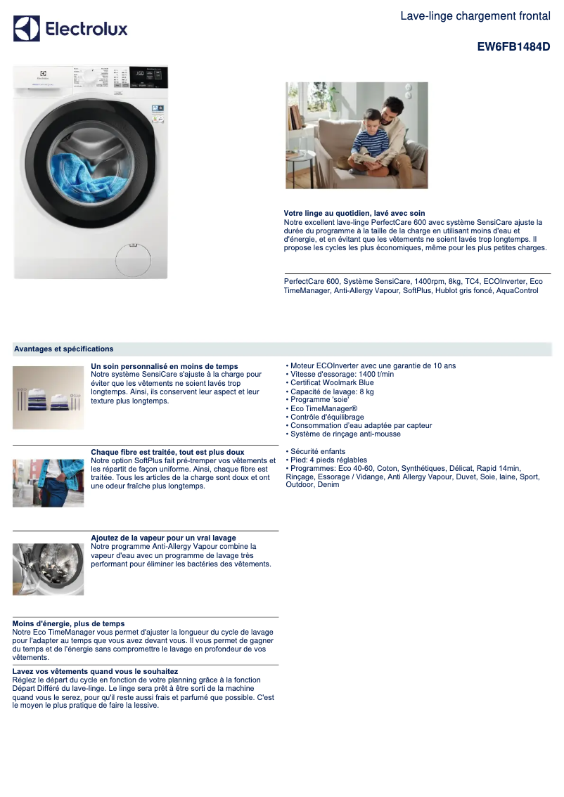 Page 1 de la notice Fiche technique Electrolux EW6FB1484D