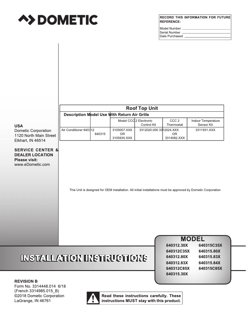 Page n°1 - Manuel utilisateur Dometic Penguin II 13.5K