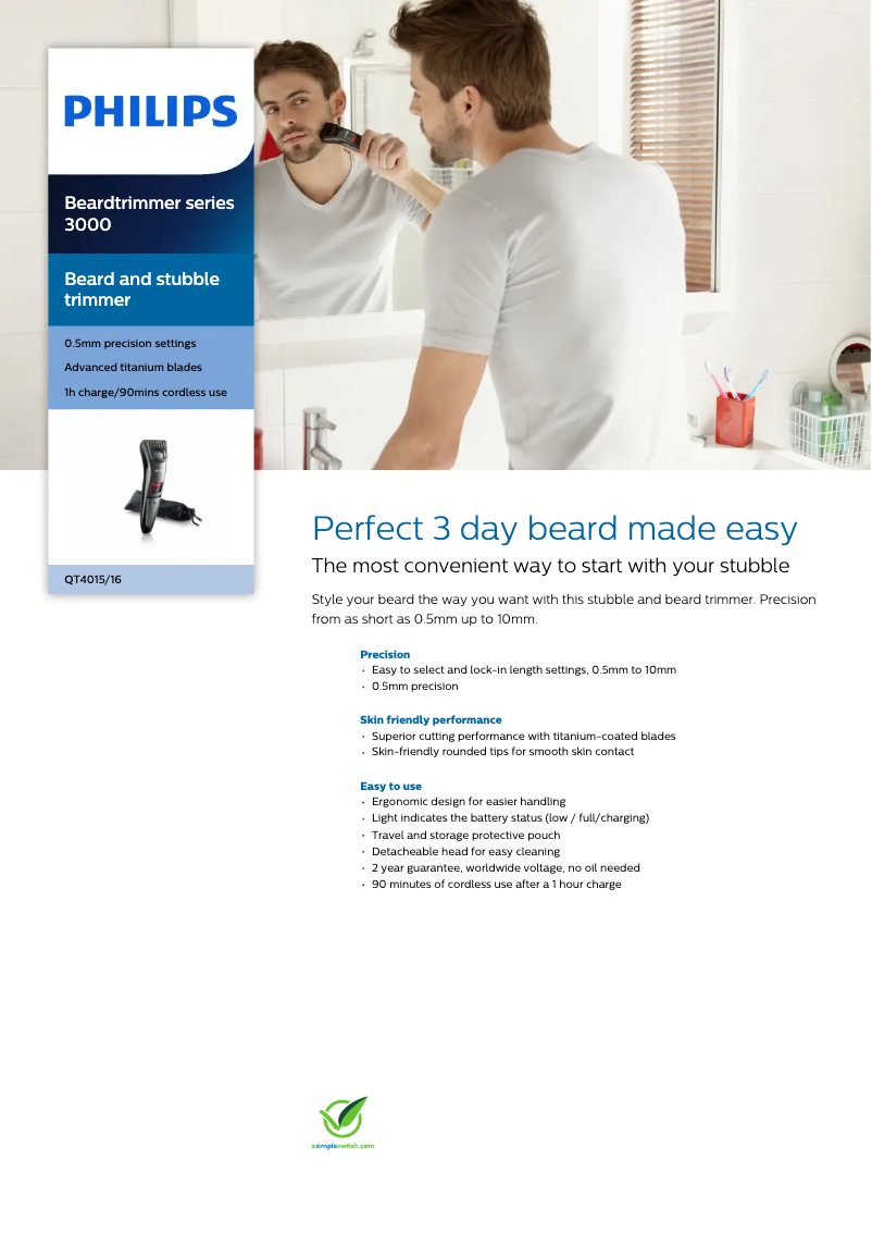 Page 1 de la notice Fiche technique Philips Series 3000 QT4015