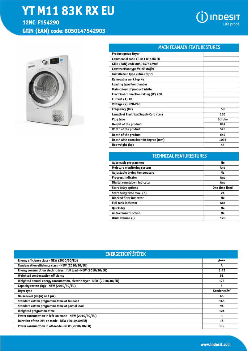 Página 1 del manual Ficha técnica Indesit YT M11 83K RX EU