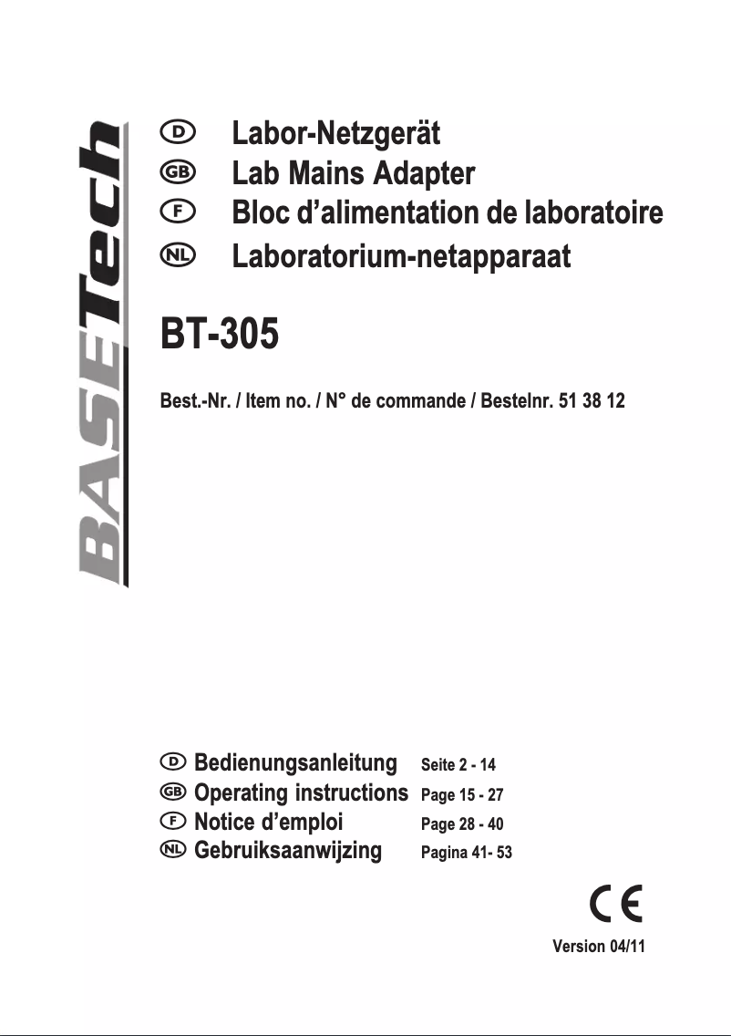 Page n°1 - Manuel utilisateur BaseTech BT-305