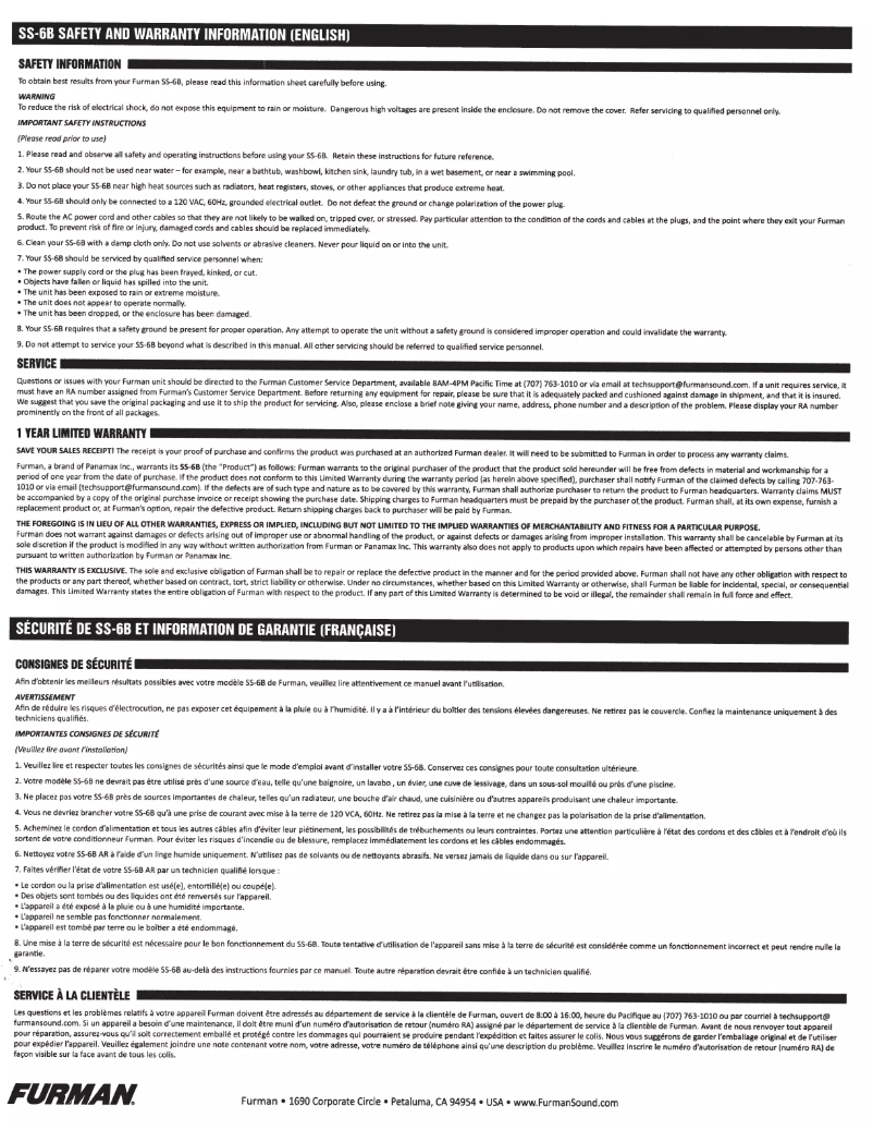 Page 1 de la notice Manuel utilisateur Furman SS-6B