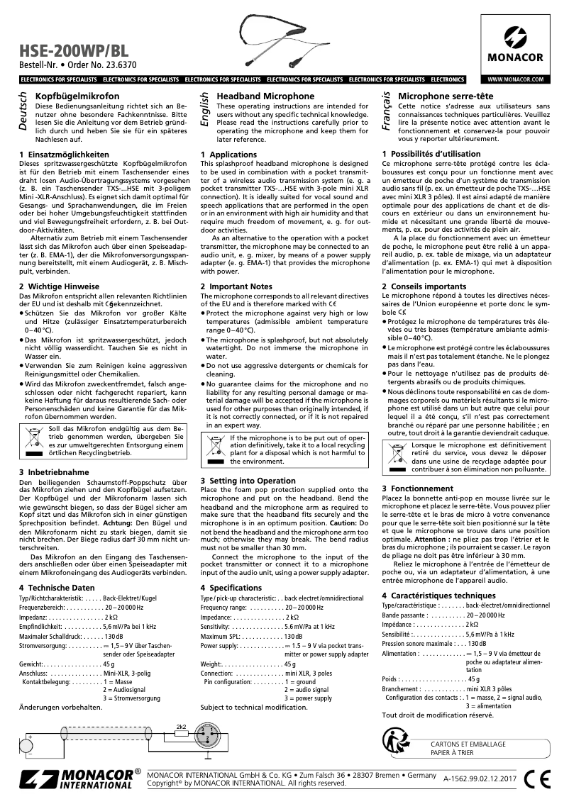 Page 1 de la notice Manuel utilisateur Monacor HSE-200WP/BL