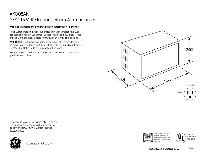 Page 1 de la notice Fiche technique GE AKQ08AN
