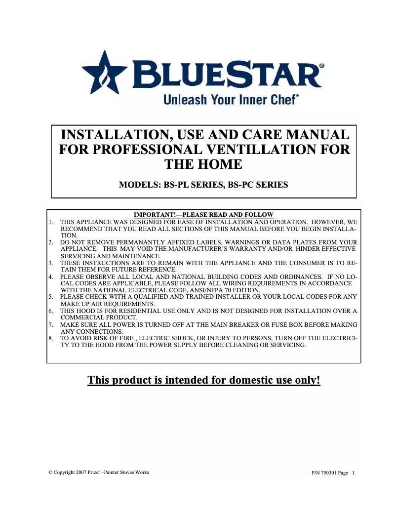 Page 1 de la notice Manuel utilisateur BlueStar PL030ML