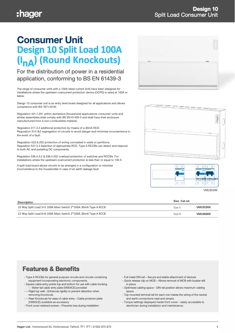 Página 1 del manual Ficha técnica Hager VML966RK