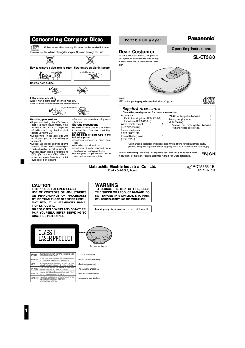 Page 1 de la notice Manuel utilisateur Panasonic SL-CT580