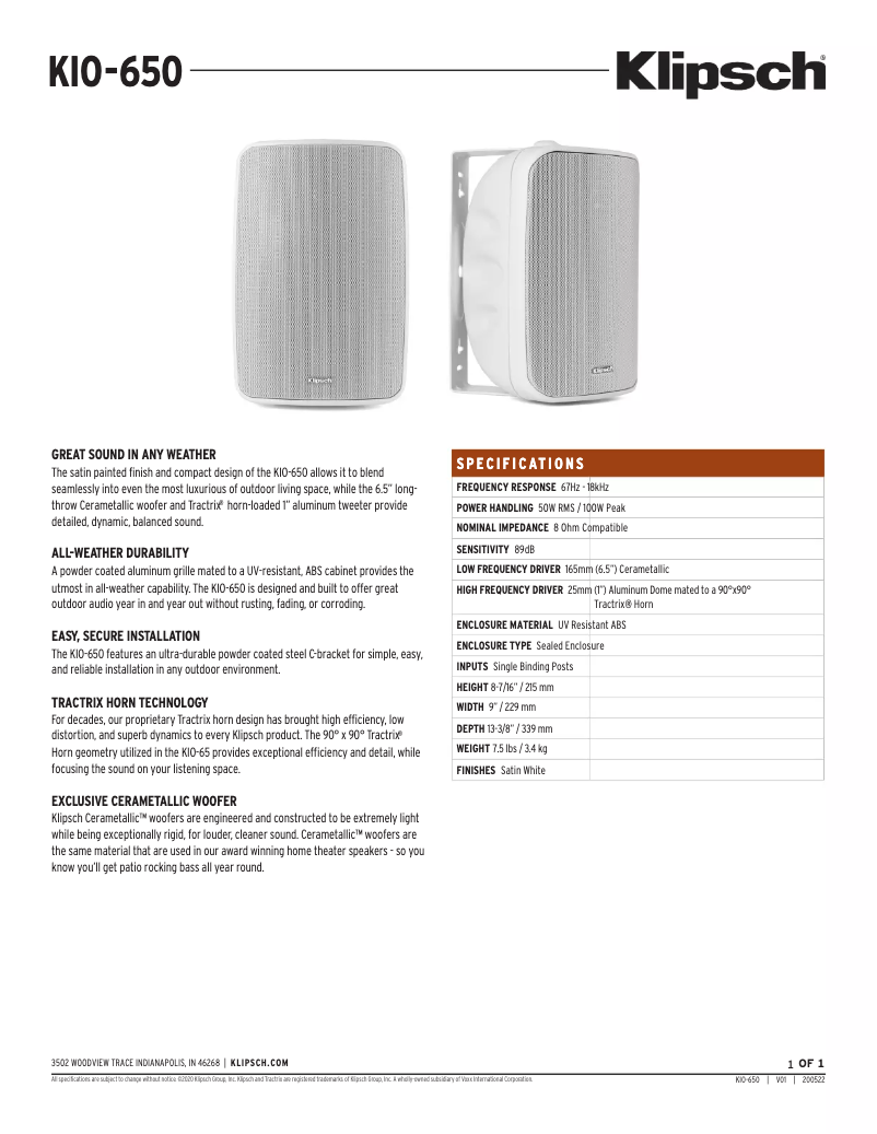 Page 1 de la notice Fiche technique Klipsch KIO-650