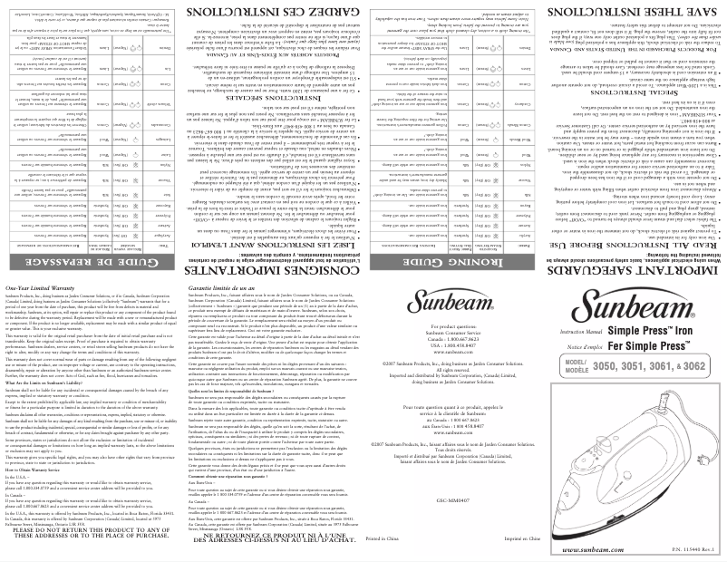 Page 1 de la notice Manuel utilisateur Sunbeam Simple Press 3062