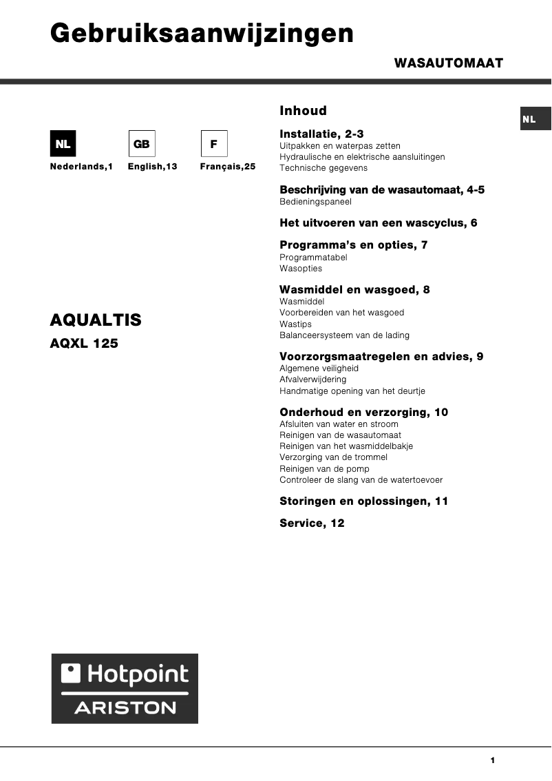 Page 1 de la notice Manuel utilisateur Hotpoint Ariston Aqualtis AQXL 125