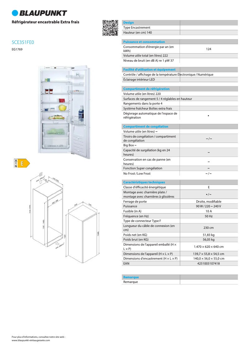 Page 1 de la notice Fiche technique Blaupunkt 5CE351FE0
