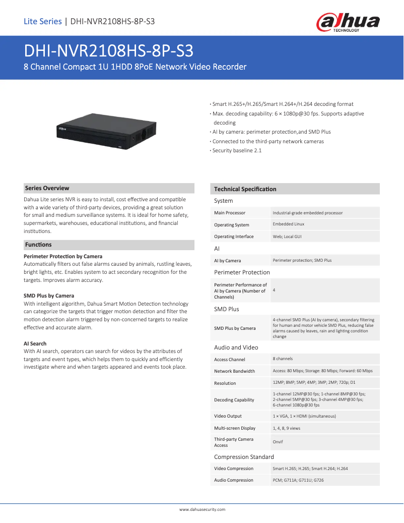 Page n°1 - Fiche technique Dahua Technology NVR2108HS-8P-S3