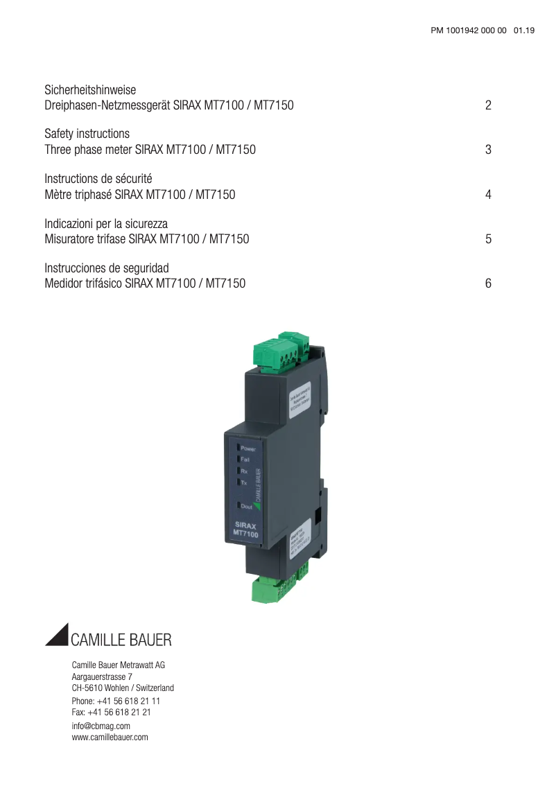 Page 1 de la notice Instructions de sécurité Camille Bauer SIRAX MT7100