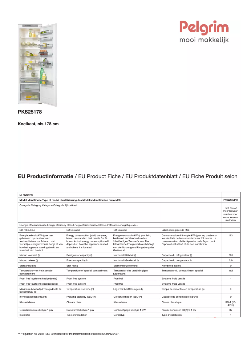 Page 1 de la notice Fiche technique Pelgrim PKS25178