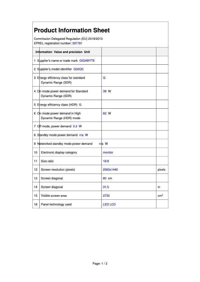 Page 1 de la notice Fiche technique Gigabyte G32QC