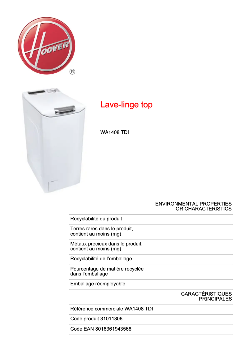 Page 1 de la notice Fiche technique Hoover WA 1408TDI