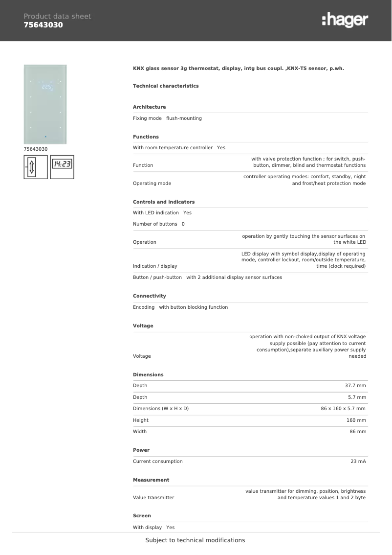 Page n°1 - Fiche technique Hager 75643030