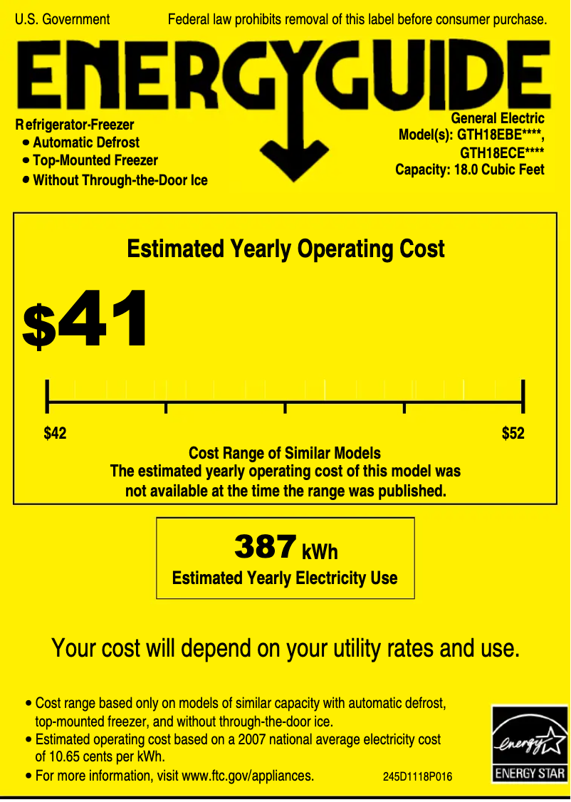 Page n°1 - Label énergétique GE GTH18EBEBB