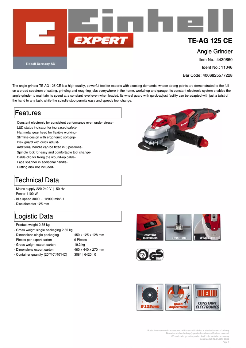Page 1 de la notice Fiche technique Einhell TE-AG 125 CE
