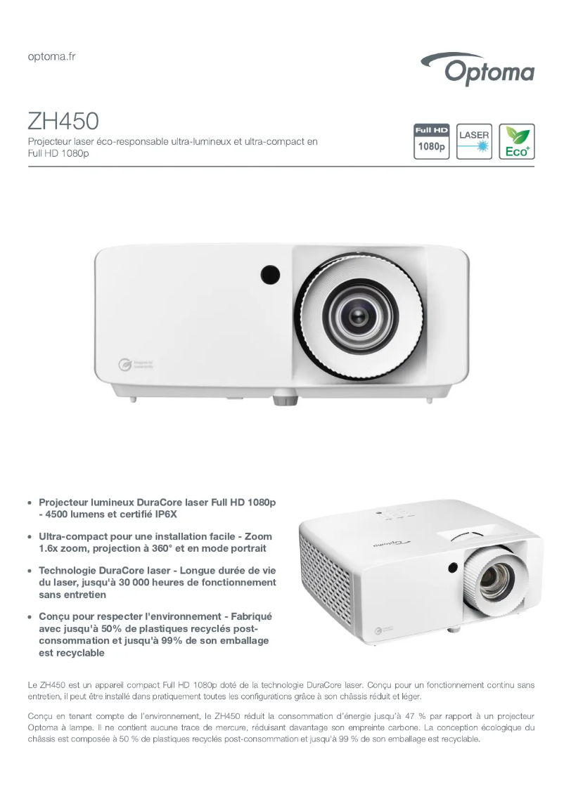 Page 1 de la notice Fiche technique Optoma ZH450