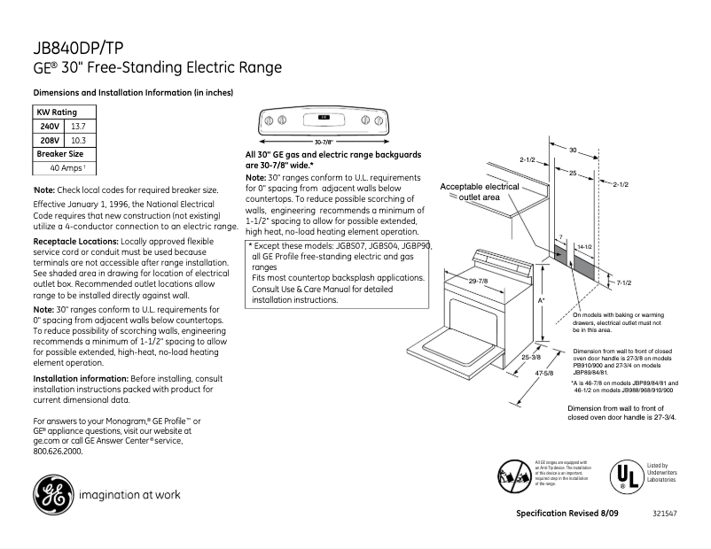 Page n°1 - Fiche technique GE JB840TPCC
