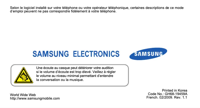 Page 1 de la notice Manuel utilisateur Samsung SGH-L700I