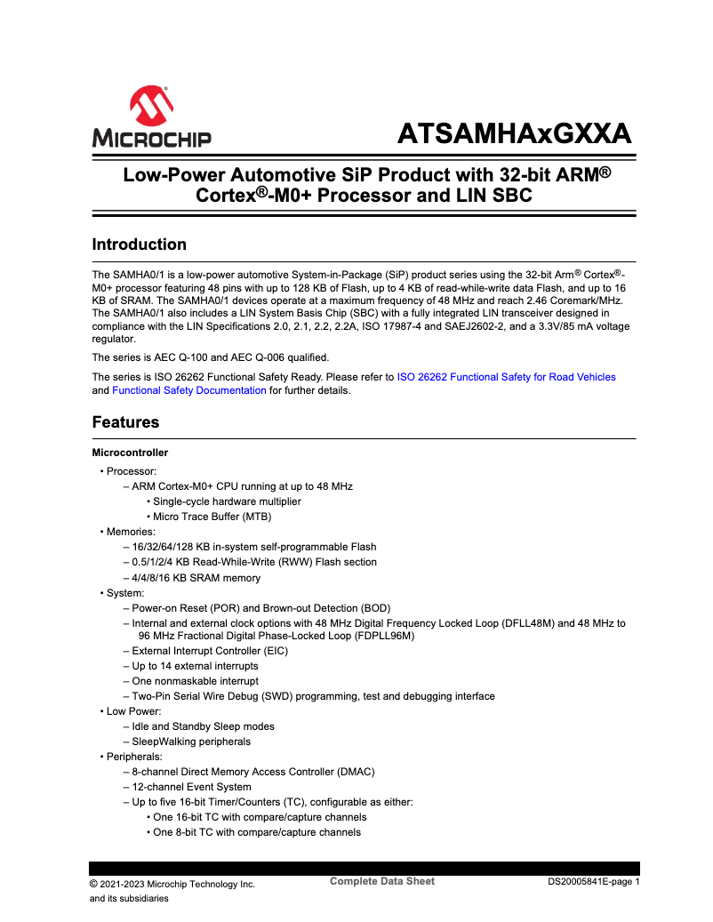Page 1 de la notice Fiche technique Microchip ATSAMHA0G16A-B