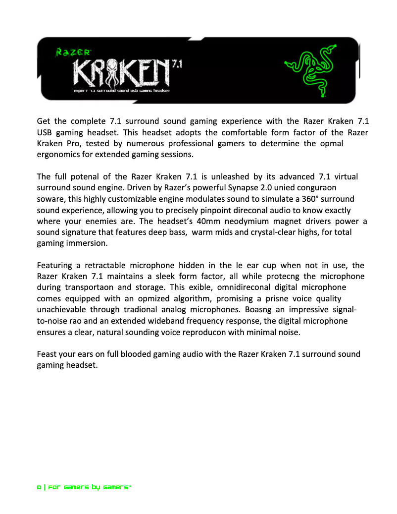 Page 1 de la notice Manuel utilisateur Razer Kraken 7.1