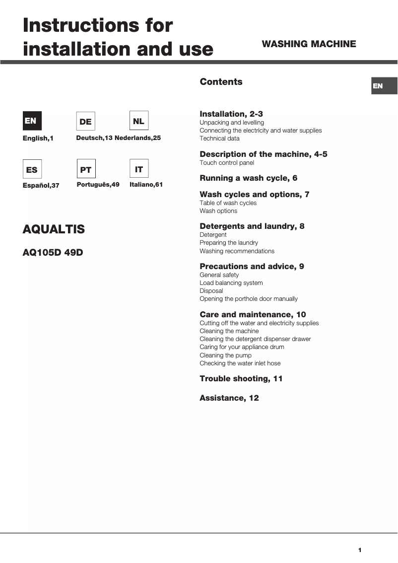 First page image of the manual for Aqualtis AQ105D 49D