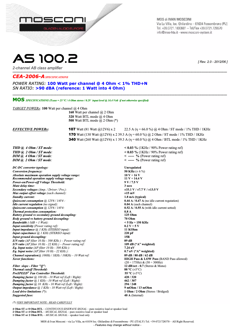 Page 1 de la notice Fiche technique Mosconi AS 100.2